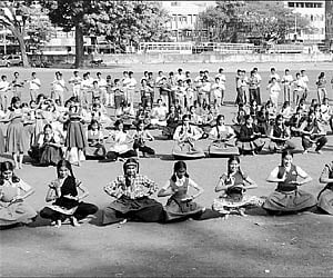 School children practising for the World Kannada Meet in Belgaum on Tuesday.