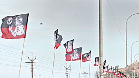 AIADMK party flags lined up on the Cauvery Bridge in Tiruchy.