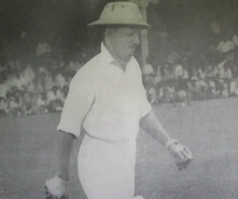 Picture of Sir Don Bradman walking out to bat at the P. Saravanamuttu Oval cricket ground, Sri Lanka. (File Photo, IANS)