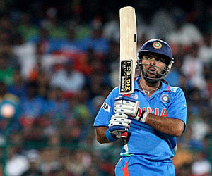 Yuvraj Singh of India bats during the Group B - 2011 ICC World Cup match between India and Ireland at M. Chinnaswamy Stadium. (Getty Images)
