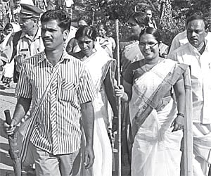 Tribal Welfare Minister P K Jayalakshmi passing through a village in the Edamalakudi panchayat.
