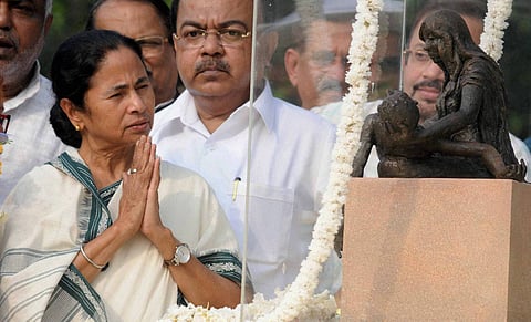West Bengal Chief Minister Mamata Banerjee during foundation stone laying ceremony of 'Bhasha Shahid Memorial Monument' ahead of International Mother Language Day, in Kolkata on Thursday. PTI