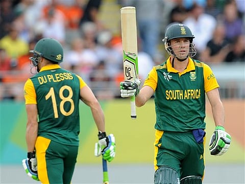 South Africa's AB de Villiers waves his bat after scoring 50 runs while batting against New Zealand during their Cricket World Cup semifinal in Auckland, New Zealand, Tuesday | AP