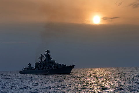 This photo taken on Thursday, Dec. 17, 2015 and provided by the Russian Defense Ministry Press Service, shows the Russian missile cruiser Moskva on patrol in the Mediterranean Sea near the Syrian coast. The Russian military has deployed the Moskva closer