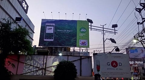A Billboard of Reliance Jio displaying the logo of its 4G smart devices under the brand name LYF, ahead of the Amravati Marathon that it is sponsoring in Vijayawada. The marathon is to be be kicked-off by Andhra Pradesh Chief Minister N. Chandrababu Naidu