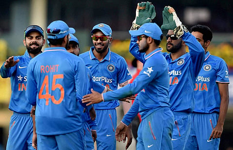 Indian cricketers celebrate after run out of New Zealand batsman Ross Taylor not in the picture during 4th ODI in Ranchi on Wednesday. | PTI