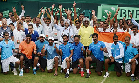 Indian tennis Team after beating Korea's in Asia/ Oceania Group I 2nd Round of Davis Cup in Chandigarh. |PTI