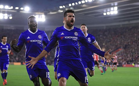 Chelsea's Diego Costa celebrates scoring his side's second goal against Southampton during their English Premier League soccer match at St Mary's Stadium in Southampton, England.(Photo|AP)