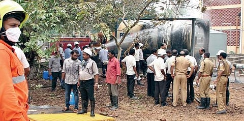 Fire and Rescue Service department personnel and HIL officials carrying out damage control measures in Eloor Albin Mathew