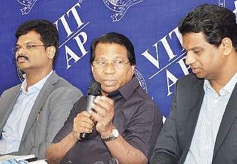 VIT university founder and chancellor G Viswanathan (middle) addressing the media in Vijayawada on Tuesday | EXPRESS