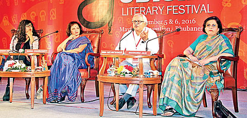 (From left) Meenakshi Madhavan Reddy, Radha Chakravarty, Nirmal Kanti Bhattacharjee and Rakshanda Jalil during the session “Is English really an Indian language?” at Odisha Literary Festival 2016 on