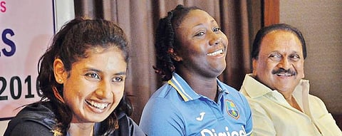 Indian cricket team captain Mithali Raj, WI captain Stafanie Taylor and BCCI V-P Gokaraju Gangaraju in Vijayawada on Tuesday | P Ravindra Babu