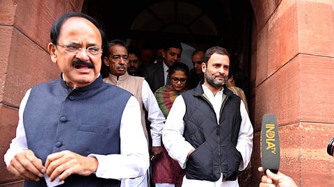 Union Urban Development Minister Venkaiah Naidu and Congress vice-president Rahul Gandhi at Parliament (File photo)