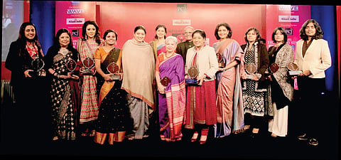 Devi awardees (left to right) Radha Kapoor, Ritu Kumar, Vandana Luthra, Usha Choudhary, Jagi Panda, Laila Tyabji, Mallika Srinivasan, Preetha Reddy, VK Karthika, Anvita Dutt and Seema Rao along with U