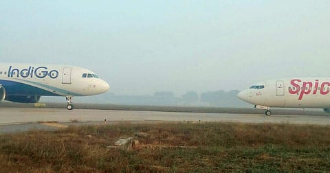 The IndiGo and SpiceJet aircraft which came face-to-face at New Delhi’s IGI airport. | EPS
