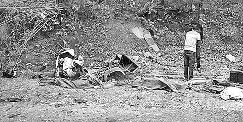 Mangled remains of the autorickshaw at Phurlijharan ghat in Kalahandi district on Wednesday | Express