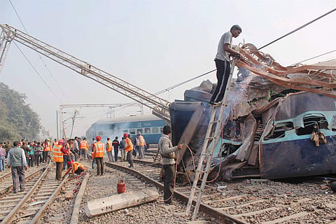 Rescue and relief work in progress after the Ajmer-Sealdah Express derailed near Rura railway station in Kanpur Dehat district of Uttar Pradesh on Wednesday morning | PTI