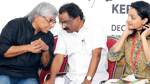 Cultural Affairs Minister A K Balan, Chalachitra Academy chairman Kamal and actor Manju Warrier during the inaugural function of IFFK delgates’ pass distribution at Tagore Theater in Thiruvananthapur
