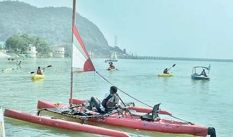 The newly-inaugurated watersports boats at Punnami Ghat on the banks of River Krishna in Vijayawada on Wednesday | EXPRESS