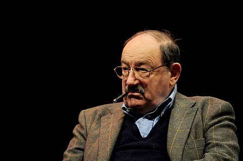 In this file photo taken on February 5, 2011, Italian writer Umberto Eco attends the Italian civic movement "Justice & Freedom" protest against Prime Minister Silvio Berlusconi as demonstrators demand his resignation in Milan. Eco, a philosopher who wro