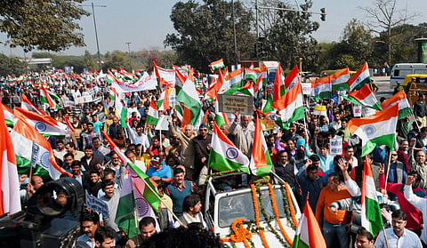 Delhi Hundreds of people including ex-servicemen participate in a march from Rajghat to Jantar Mantar in Delhi on Sunday against alleged anti-national activities at Delhi's JNU under the banner 'March for Unity to save the Country. |PTI