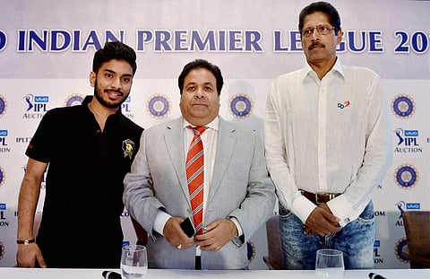 IPL chairman Rajiv Shukla C with Gujarat Lions owner Keshav Bansal L and Delhi Daredevils manager TA Sekhar at a press conference on the sidelines of the IPL players auction in Bengaluru on Saturday. | PTI