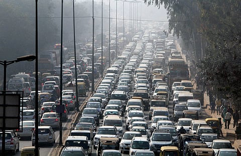 A view of heavy traffic jam on Gurgaon- Alwar National Highway in Gurgaon on Tuseday. | PTI