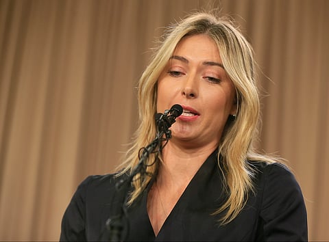Tennis star Maria Sharapova speaks during a news conference in Los Angeles on Monday, March 7, 2016. Sharapova says she has failed a drug test at the Australian Open.