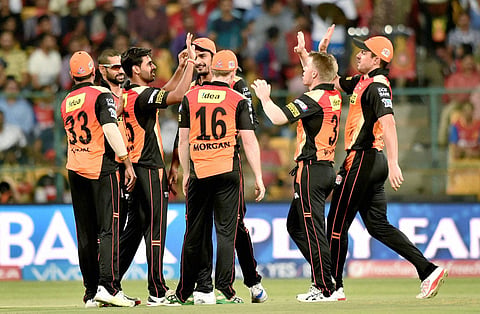 Sunrisers Hyderabad Bhuvneshwar Kumar with teammates celebrate the wicket of Royal Challengers Bangalore Chris Gayle. | PTI