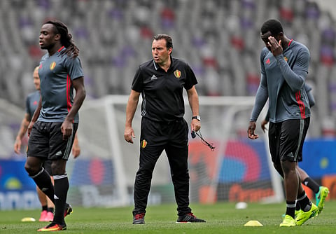 Belgium coach Marc Wilmots directs his players during training session at the Stadium municipal in Toulouse, France, Saturday, June 25, 2016. | AP