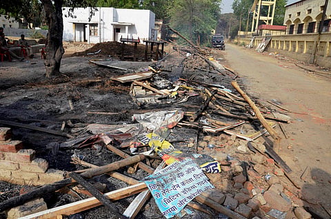 Gutted huts near Jawahar Bagh in Mathura on Friday a day after violent clashes between encroachers and the police. | PTI