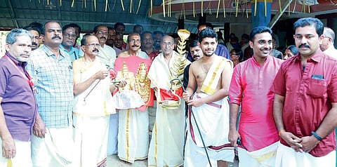 The Thiruvabharanam procession being taken out from Sree Parvathy Devi Temple on Wednesday