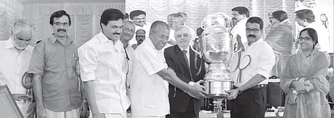 Governor Justice P Sathasivam and Chief Minister Pinarayi Vijayan presenting the Chancellor’s Award to Mahatma Gandhi University Vice-Chancellor Dr Babu Sebastian on the university campus on Thursday | Vishnu Sanal