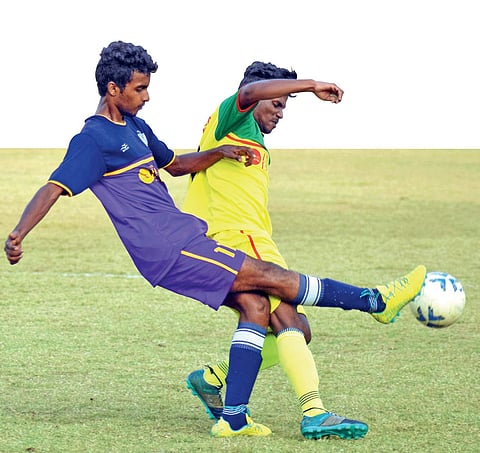 UC College’s K N Said Ibin in action against Baselius College during the pre-quarterfinals of TNIE GOAL 2017 at the Malappuram District Sports Council Stadium on Monday | Express