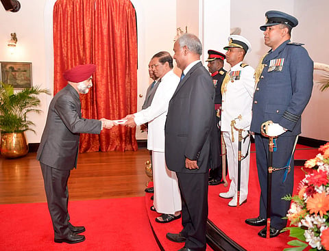 India's new High Commissioner in Sri Lanka Taranjit Singh Sandhu presents his credentials to President Maithripala Sirisena ,July 24,2017.