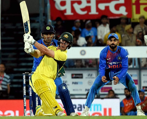 Australian player Travis Head plays a shot during their second T20 cricket match against India in Guwahati on Tuesday. | PTI