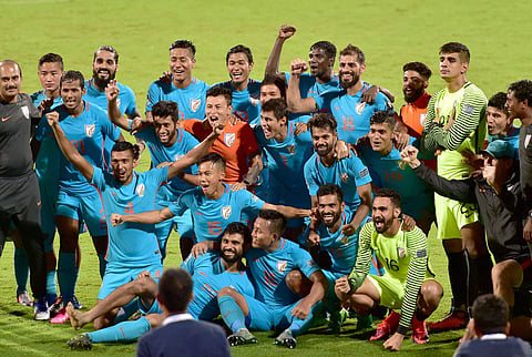 Indian team celebrating after beating Macau 4-1 in their AFC Asian Cup 2019 qualifier in Bengaluru on Wednesday. | (Nagaraja Gadekal | EPS)