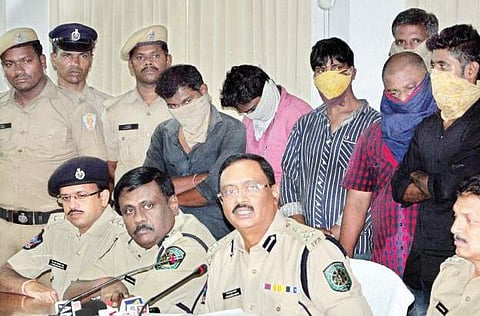 Joint Commissioner of Police D Nagendra Kumar addressing newsmen over the murder case of rowdy-sheeter G Raju in Visakhapatnam on Saturday | Express