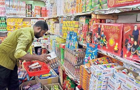 A firecracker shop at Chalai market on Sunday B P Deepu