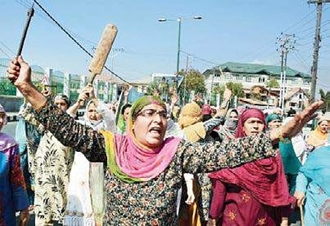 Women protest against growing number of incidents of braid chopping in Kashmir. (File | PTI)