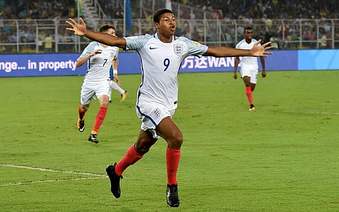 Kolkata England's Rahin Brewster celebrates after scoring a goal against Brazil during their FIFA U-17 World Cup 2017 semifinal match in Kolkata on Wednesday. (Photo: PTI)