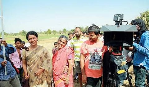 Daya Bai with actor Bidita Bag and the crew of during the shoot