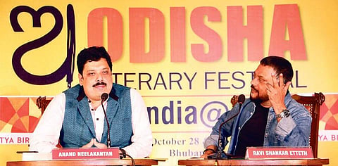 Anand Neelakantan and Ravi Shankar Etteh during the session on 'Does our mythology contradict history?' of Odisha Literary Festival in Bhubaneswar on Sunday | Express