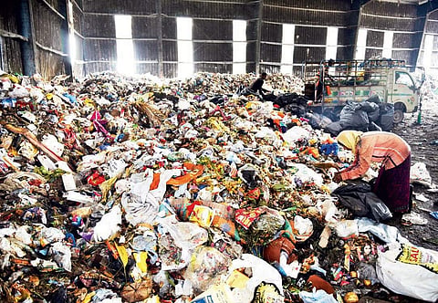 Rag pickers segregate plastic and paper waste from garbage dumped by GHMC swacchh auto tippers at Kaithlapur garbage transfer station | R Satish Babu