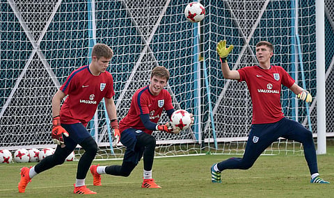 England football team players during a practice session for the U-17 Football World Cup in Kolkata. (Photo | PTI)