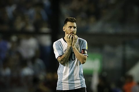 Argentina's Lionel Messi reacts during a World Cup qualifying soccer match against Peru at La Bombonera stadium in Buenos Aires, Argentina, Thursday, Oct. 5, 2017. | AP