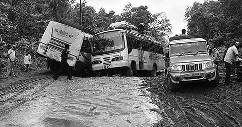 File photo of heavy vehicles crossing damaged NH-520 in Sundargarh | Express