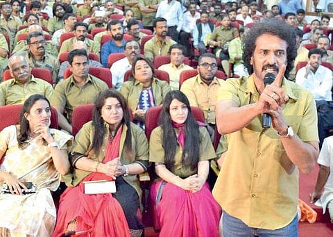 Actor Upendra at the launch of his political party in Bengaluru on Tuesday | jithendra M