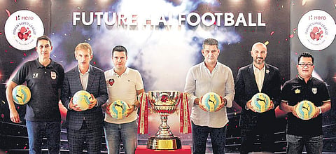 Coaches (from left) of the Mumbai, Bengaluru, Goa, Chennai, Pune ISL teams and the assistant coach of Kerala during an interaction in Mumbai on Friday. | Express Photo Service