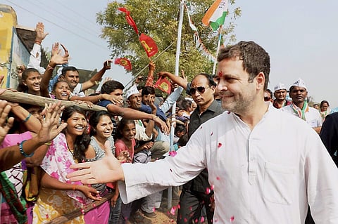 Congress vice president Rahul Gandhi meeting supporters at a public meeting in Patan district of Gujarat on Monday.(PTI)